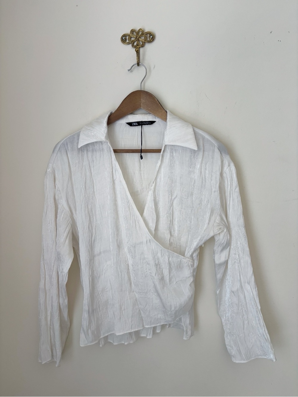 Zara Shimmery White Surplice Long Sleeve Top Medium